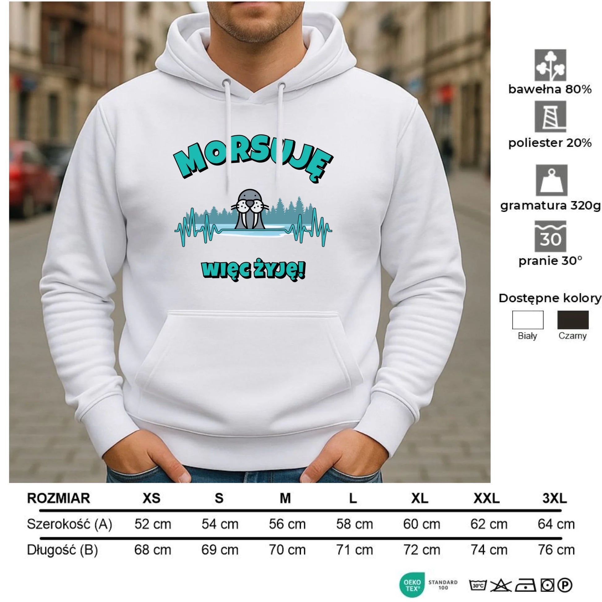 Bluza męska z kapturem - prezent dla morsa - Morsuję więc żyję - Mors HM02 - StoryCups.pl