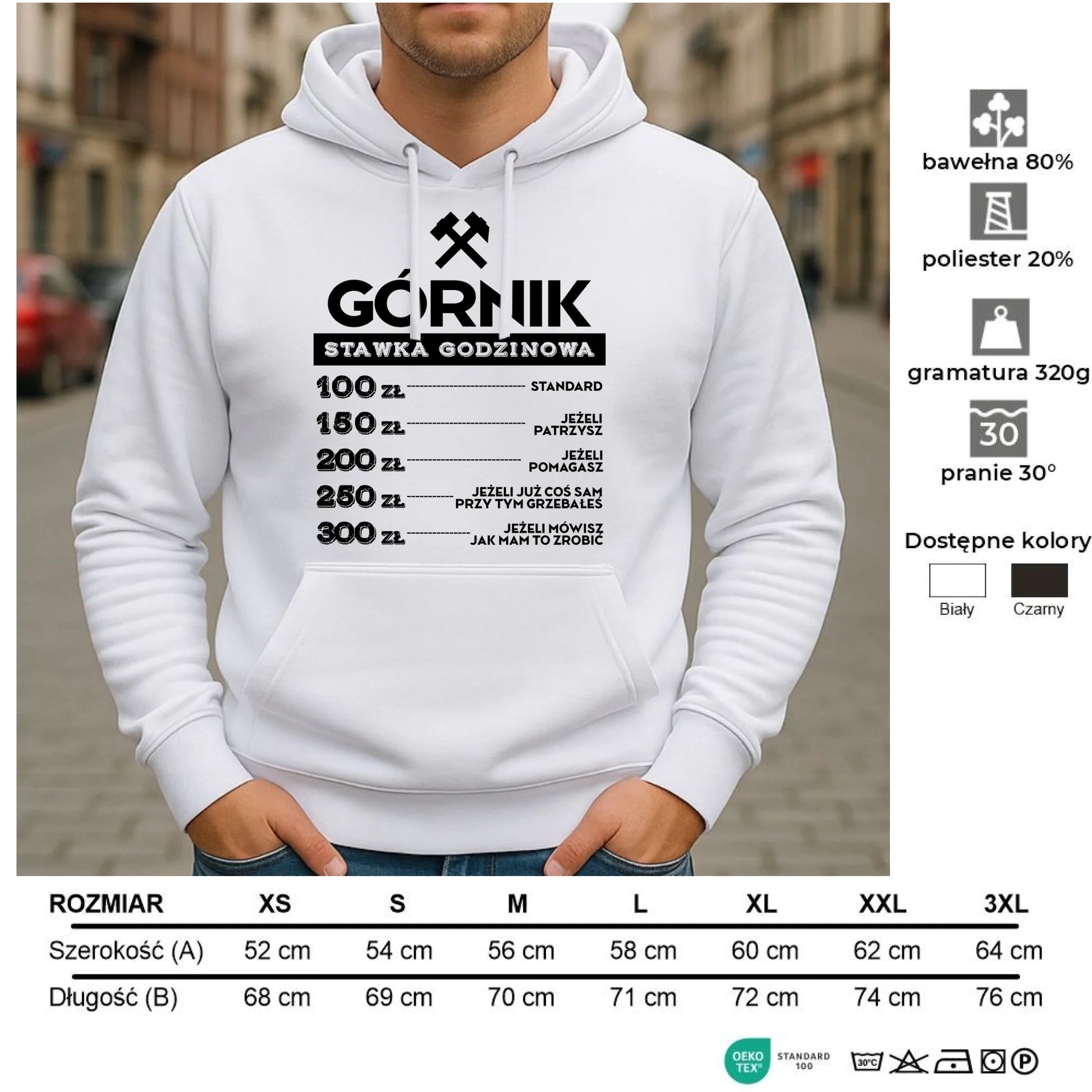 Bluza męska z kapturem - prezent dla górnika - Górnik stawka godzinowa G14 - StoryCups.pl