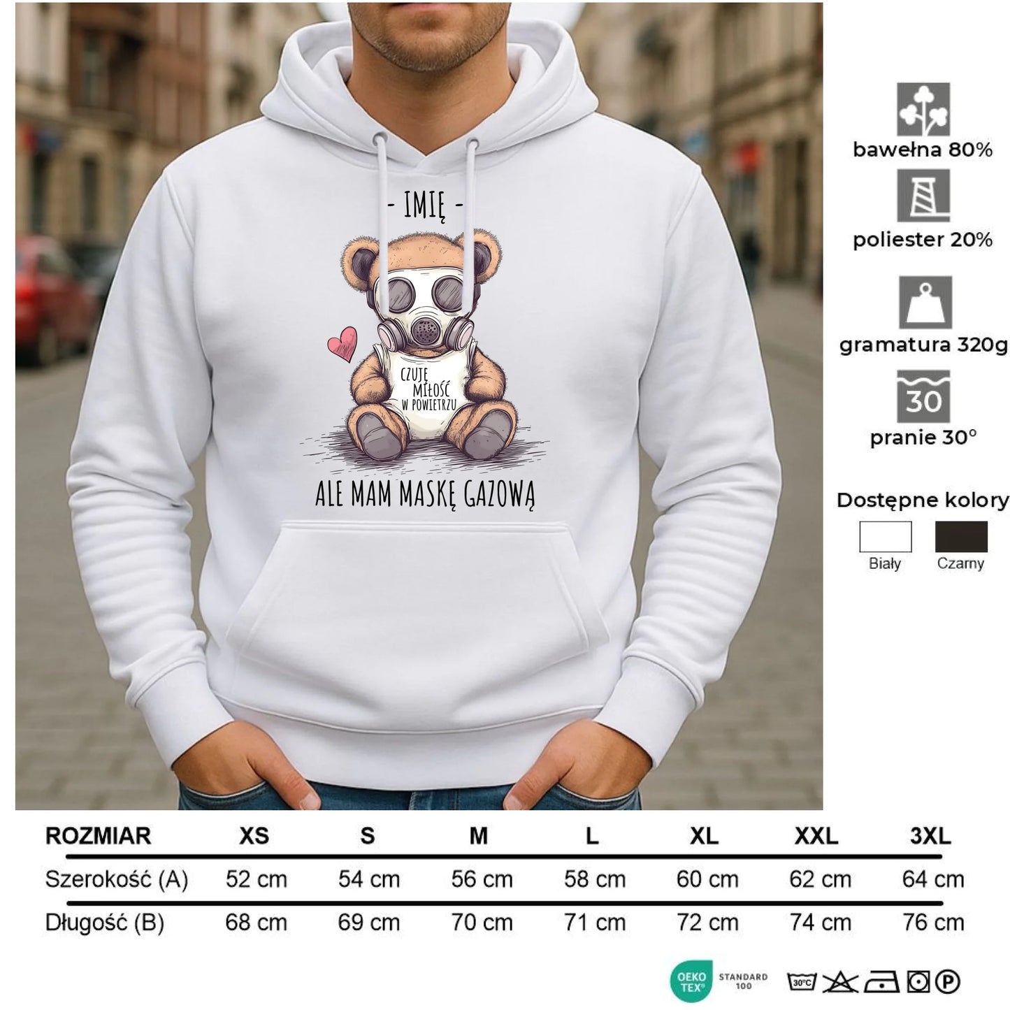 Bluza męska z kapturem - Miś w masce gazowej - Czuję miłość w powietrzu - personalizowana W38 - StoryCups.pl