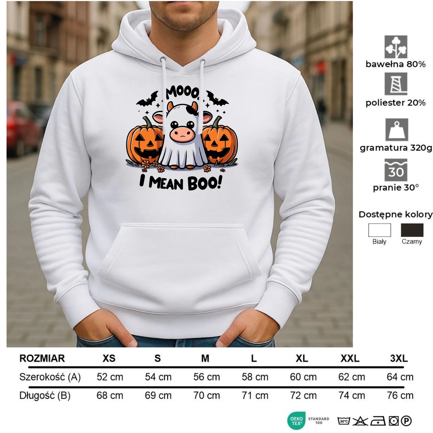 Bluza męska z kapturem na Halloween - Mooo I mean Boo! - z dynią i duchem HL14 - StoryCups.pl
