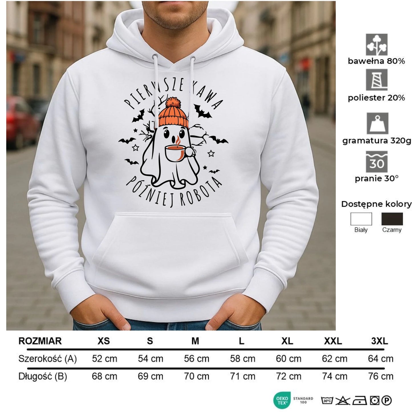 Bluza męska z kapturem na Halloween - Duch z kawą - Pierwsze kawa później robota HL01 - StoryCups.pl