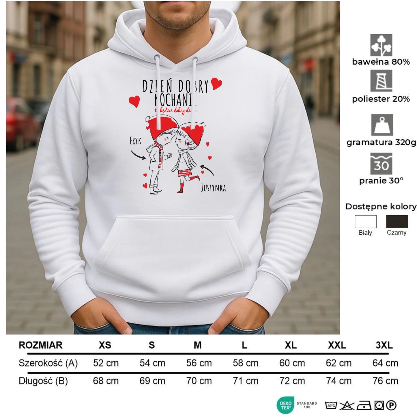 Bluza męska z kapturem dla par - prezent na Walentynki - Dzień dobry Kochanie - personalizowana W10 - StoryCups.pl