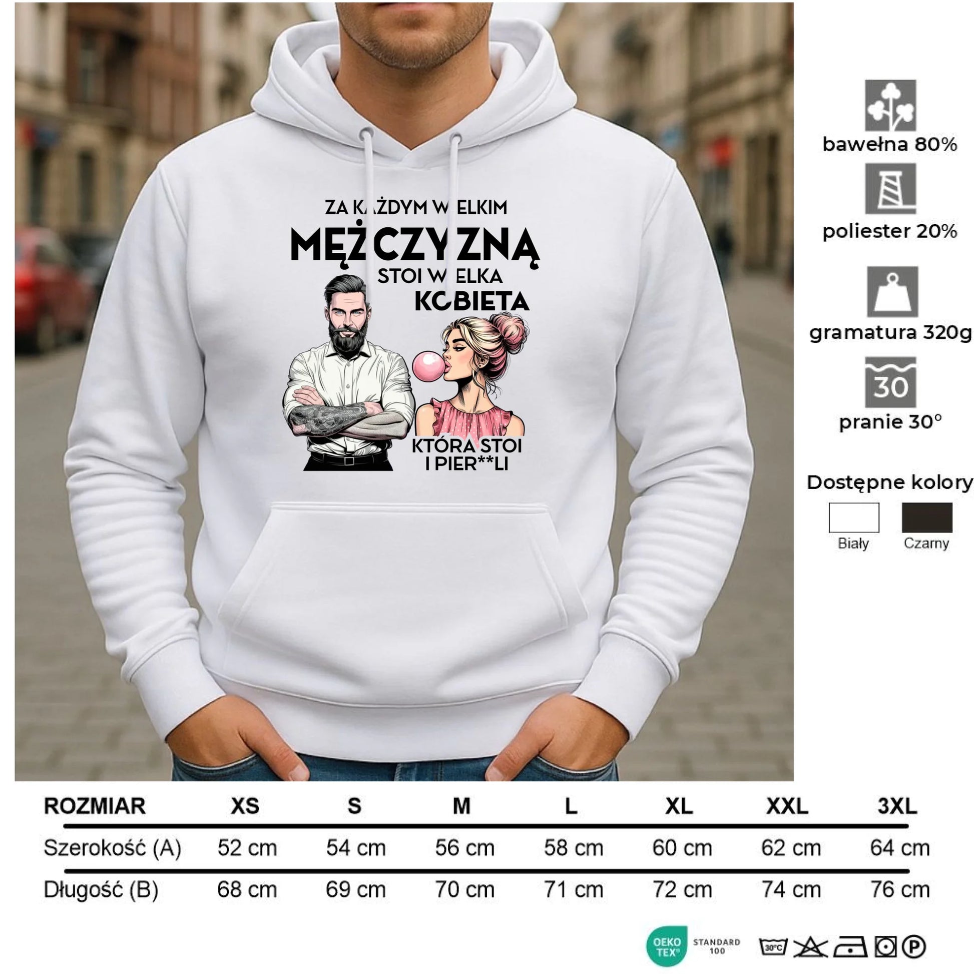 Bluza męska z kapturem - Za każdym wielkim mężczyzną stoi wielka kobieta DCH27 - StoryCups.pl
