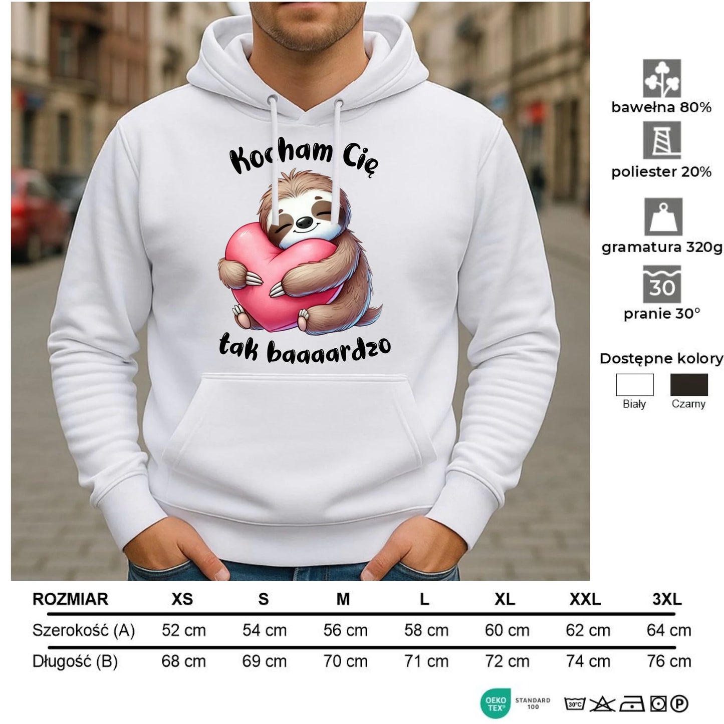 Bluza męska z kapturem - Leniwiec Kocham Cię tak baaaardzo W16 - StoryCups.pl