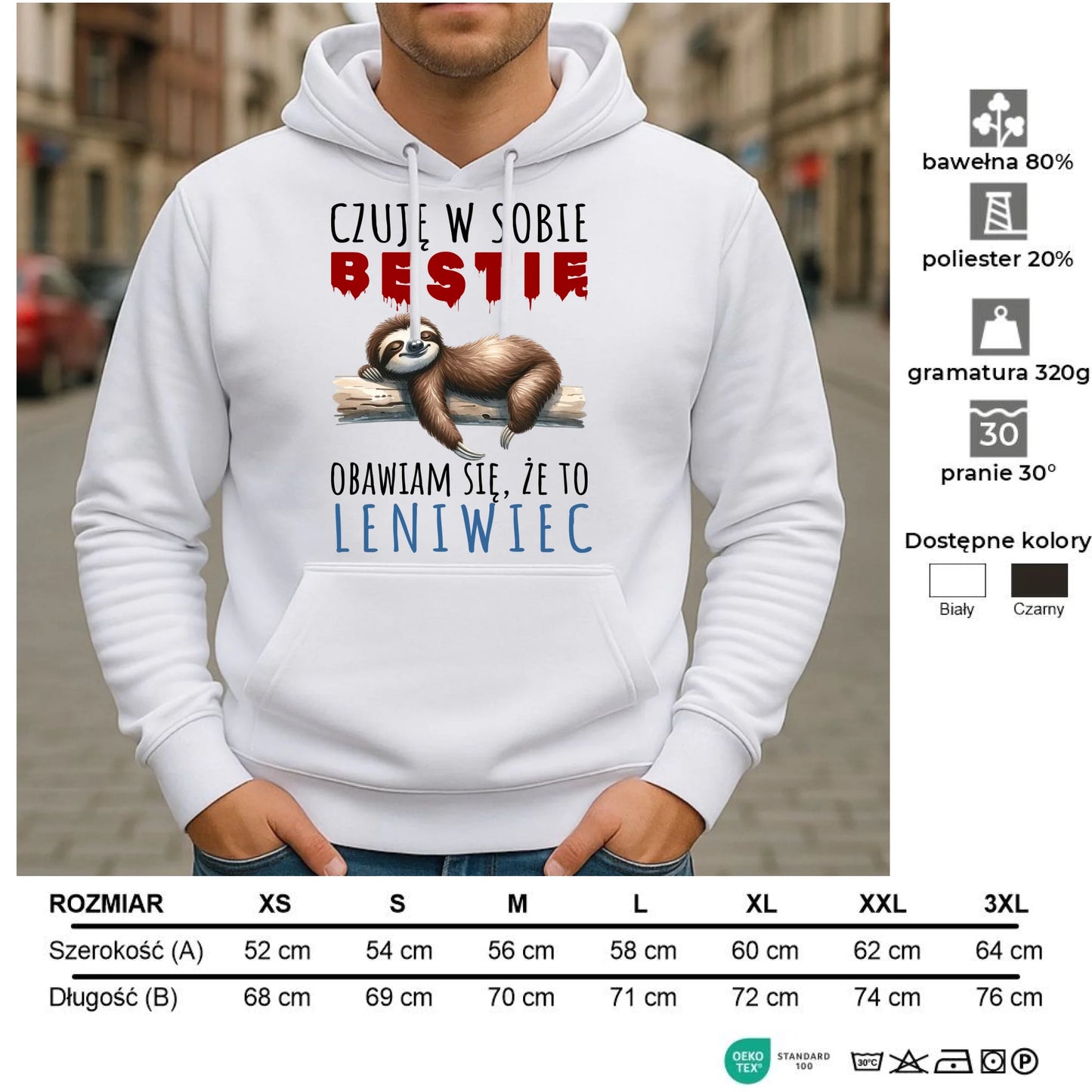 Bluza męska z kapturem – Czuję w sobie bestię, obawiam się że to leniwiec – prezent DCH26 - StoryCups.pl