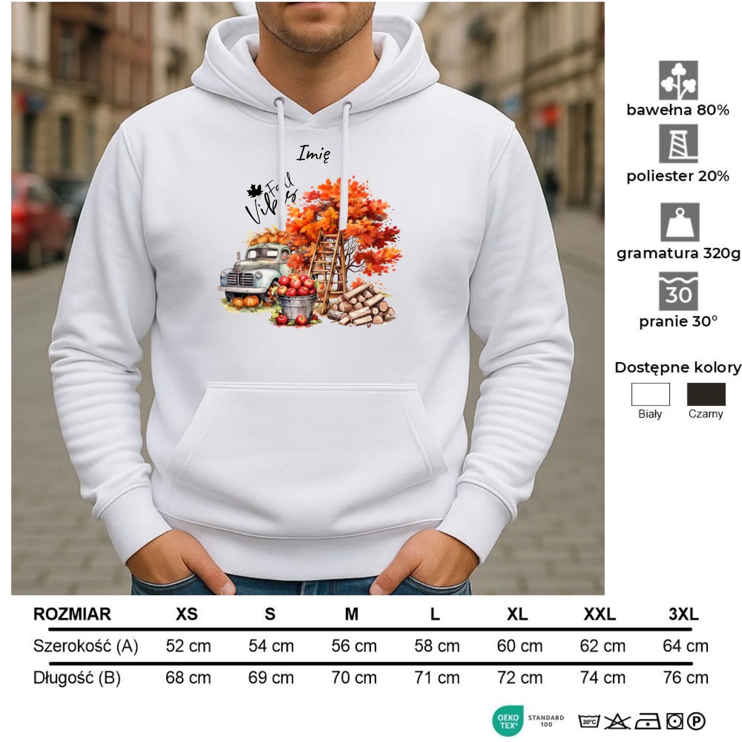 Bluza męska z kapturem jesienna – Vintage auto dynie i jabłka – personalizowana JS07 - StoryCups.pl