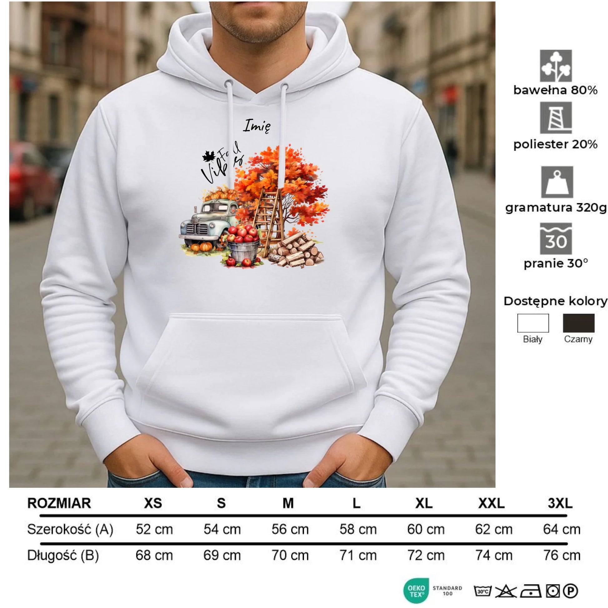 Bluza męska z kapturem jesienna – Vintage auto dynie i jabłka – personalizowana JS07 - StoryCups.pl