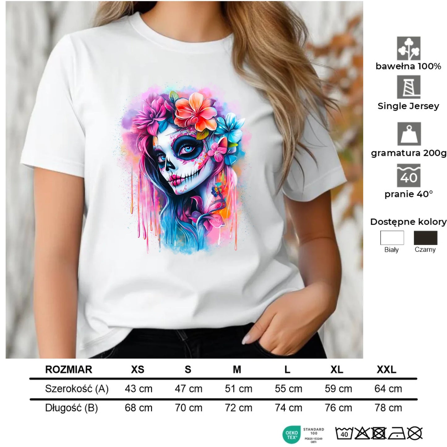 Koszulka damska Halloween - kolorowa czaszka z kwiatami La Muerte HL05