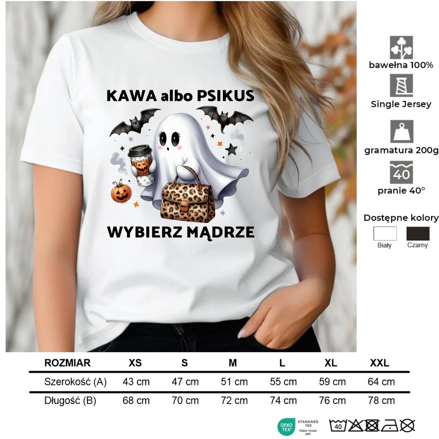 Koszulka damska halloweenowa - Duch - Kawa albo psikus HL07