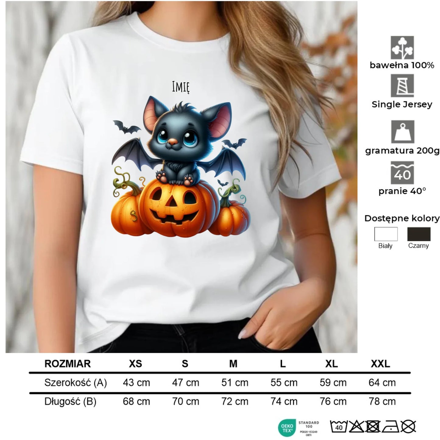 Koszulka damska halloweenowa - Słodki nietoperz z dynią - personalizowana HL09 - StoryCups.pl