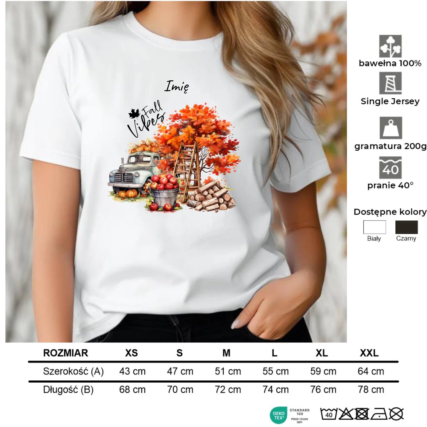 Koszulka damska jesienna – Vintage auto dynie i jabłka – personalizowana JS07 - StoryCups.pl