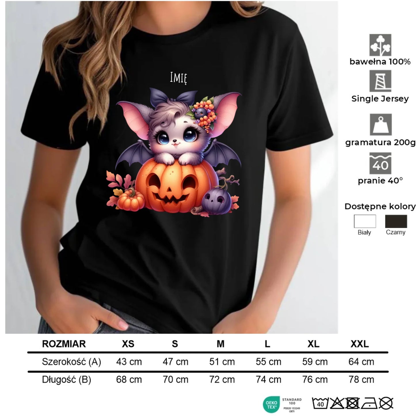 Koszulka damska halloweenowa - Uroczy nietoperz z dynią - personalizowana HL08