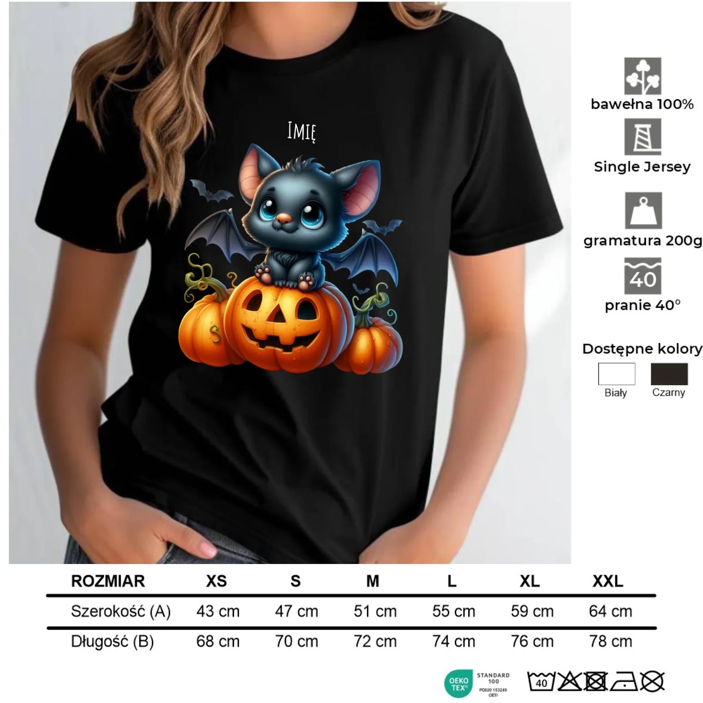 Koszulka damska halloweenowa - Słodki nietoperz z dynią - personalizowana HL09