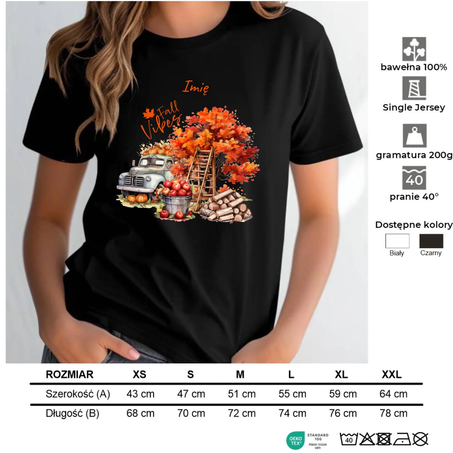 Koszulka damska jesienna – Vintage auto dynie i jabłka – personalizowana JS07 - StoryCups.pl