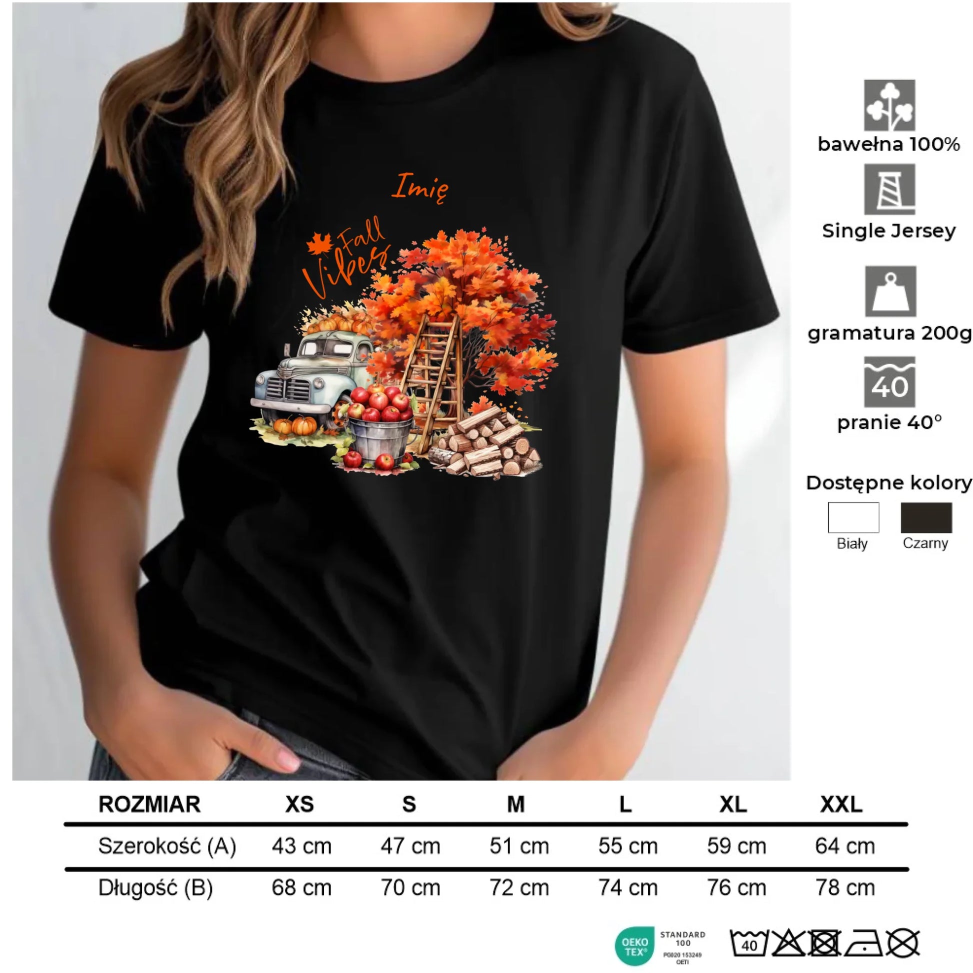 Koszulka damska jesienna – Vintage auto dynie i jabłka – personalizowana JS07 - StoryCups.pl