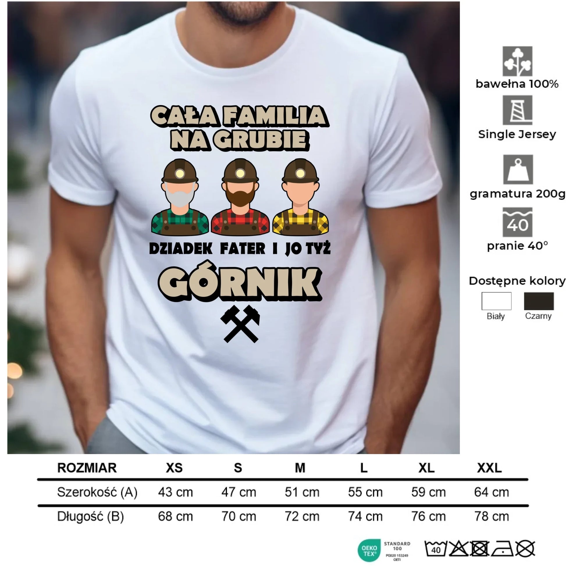 Koszulka męska - prezent dla górnika - Cała familia na grubie dziadek fater i jo tyż górnik G10 - StoryCups.pl