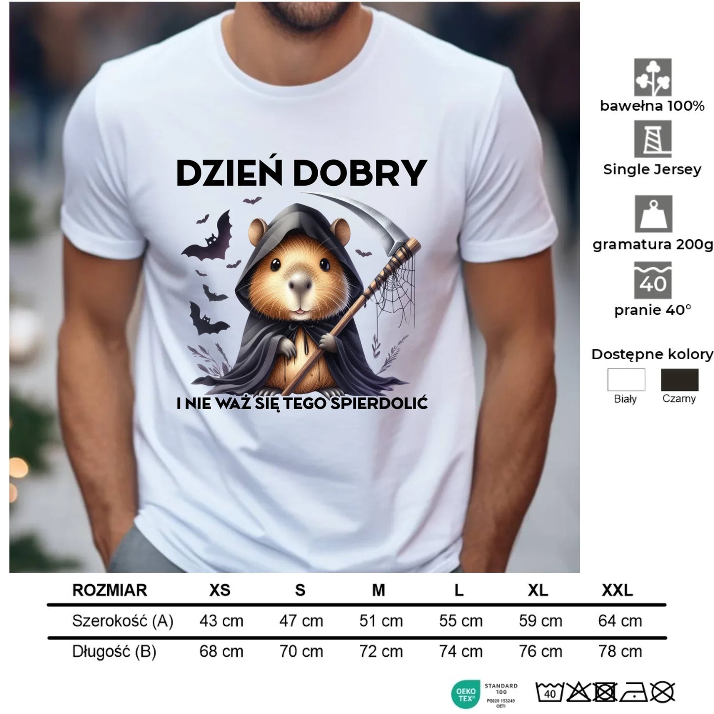 Koszulka męska halloweenowa - Kapibara Żniwiarz - Dzień dobry - bez cenzury HL20 - StoryCups.pl