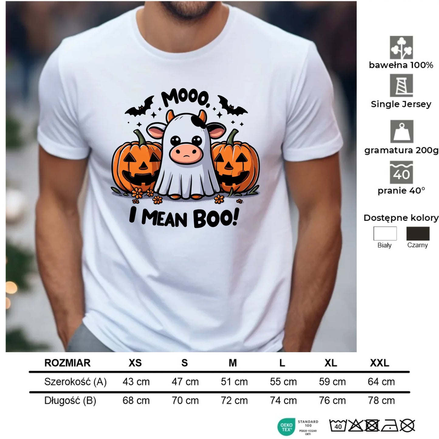 Koszulka męska na Halloween - Mooo I mean Boo! - z dynią i duchem HL14 - StoryCups.pl