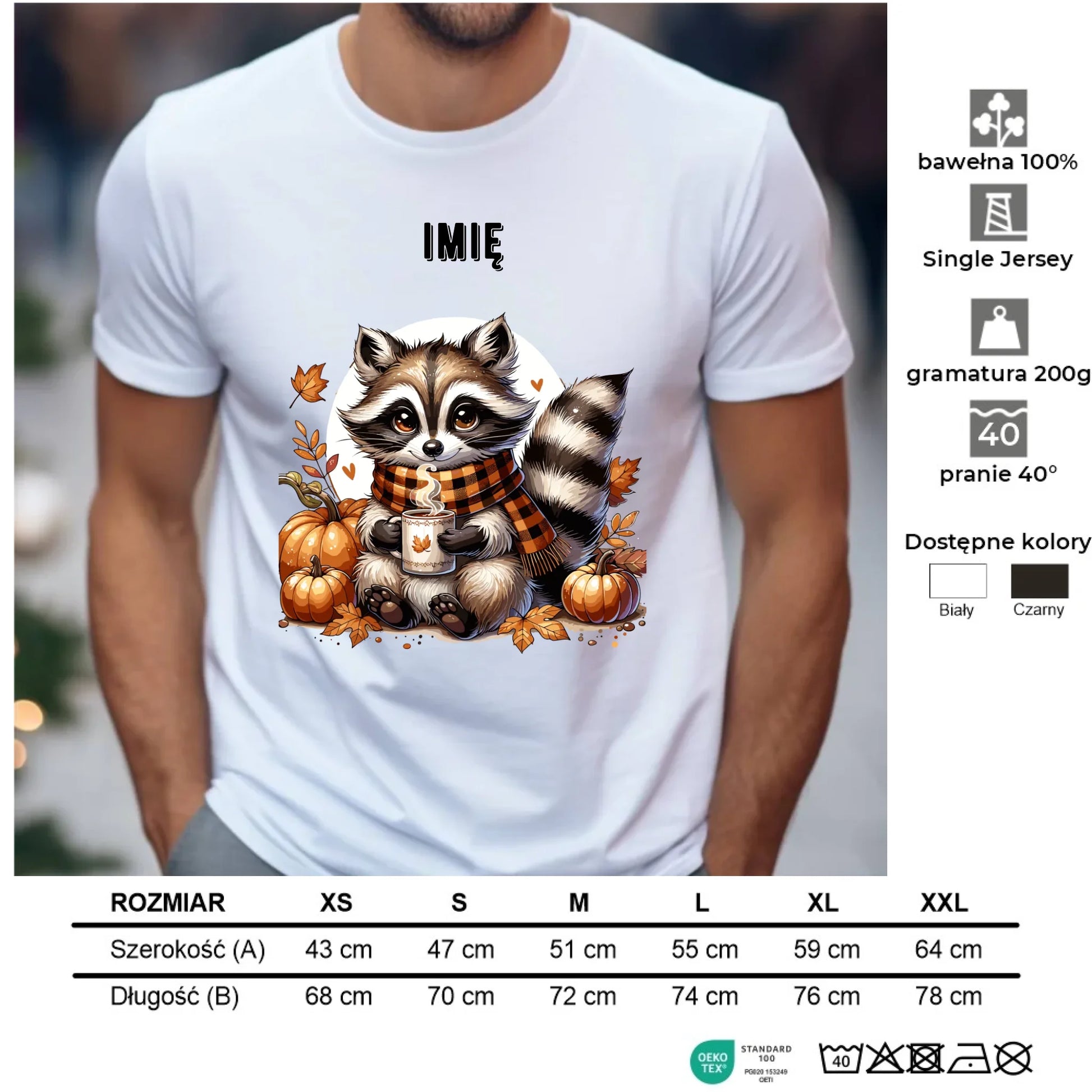 Koszulka męska jesienna – Szop z kawą i dyniami - personalizowana JS16 - StoryCups.pl