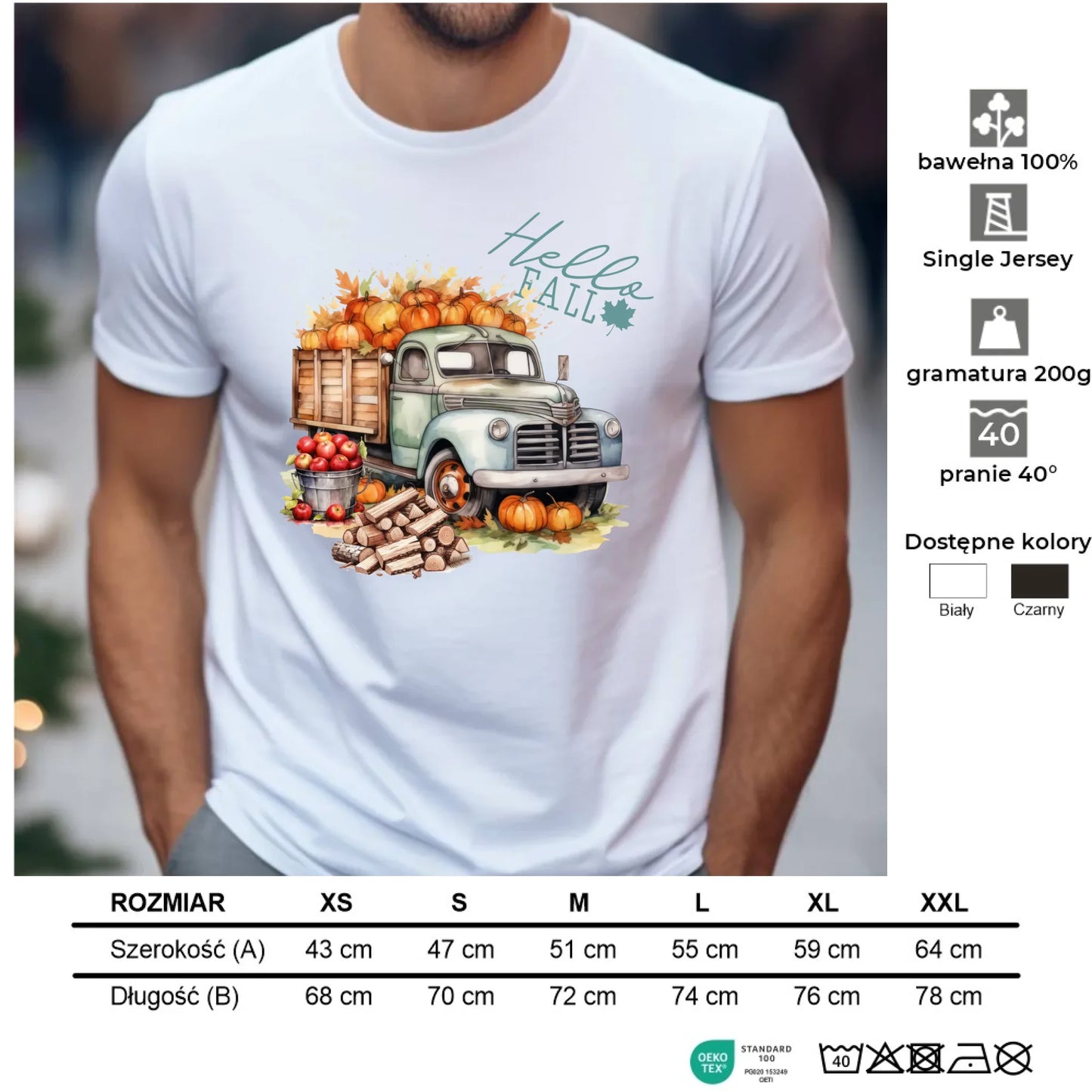 Koszulka męska jesienna – Hello Fall ciężarówka z dyniami JS08 - StoryCups.pl