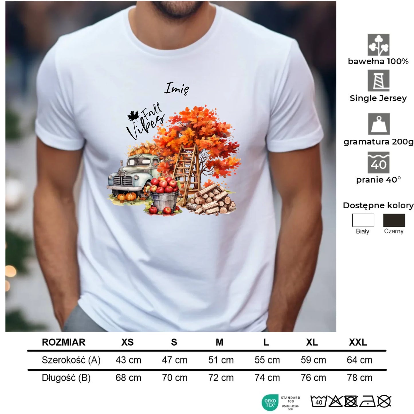 Koszulka męska jesienna – Vintage auto dynie i jabłka – personalizowana JS07 - StoryCups.pl