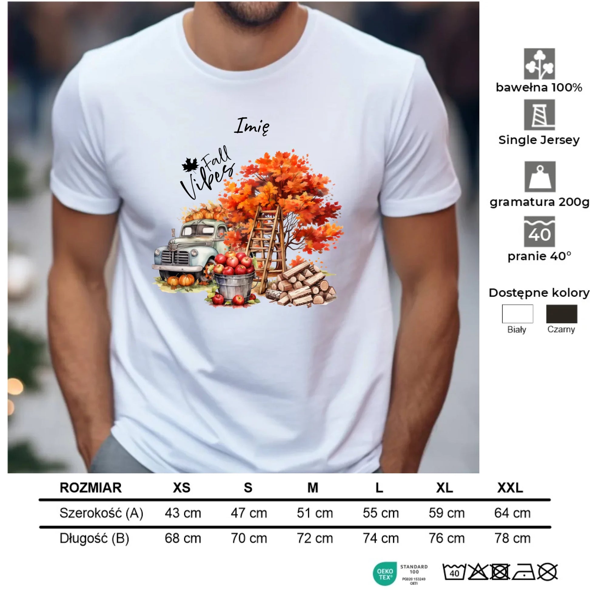 Koszulka męska jesienna – Vintage auto dynie i jabłka – personalizowana JS07 - StoryCups.pl