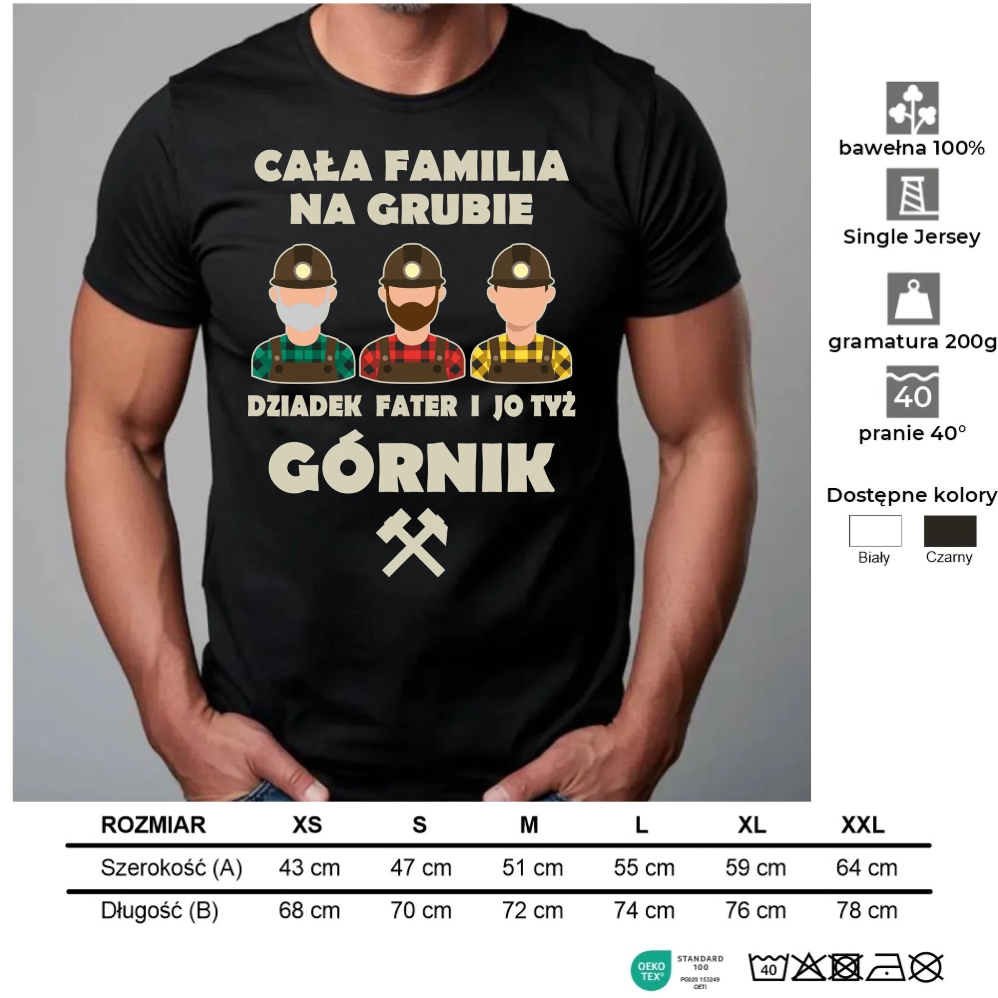 Koszulka męska - prezent dla górnika - Cała familia na grubie dziadek fater i jo tyż górnik G10 - StoryCups.pl
