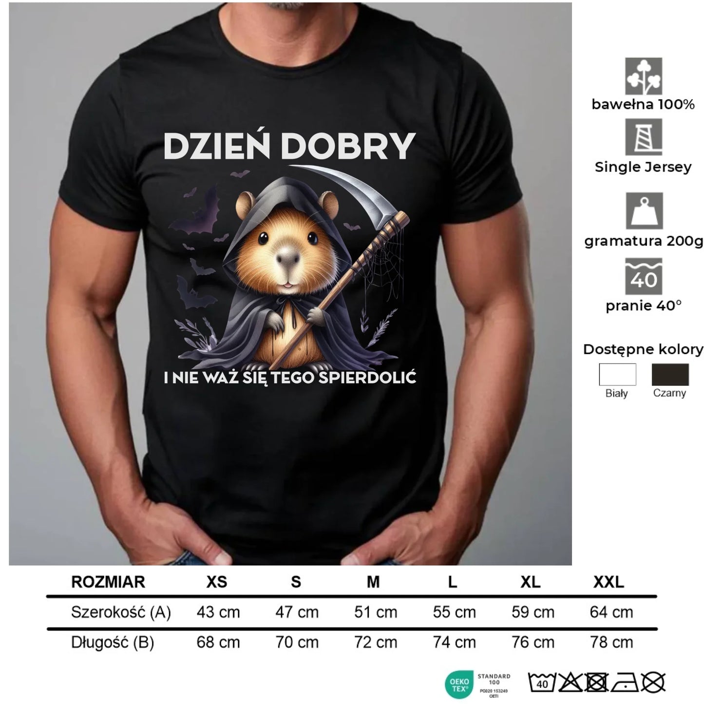 Koszulka męska halloweenowa - Kapibara Żniwiarz - Dzień dobry - bez cenzury HL20 - StoryCups.pl