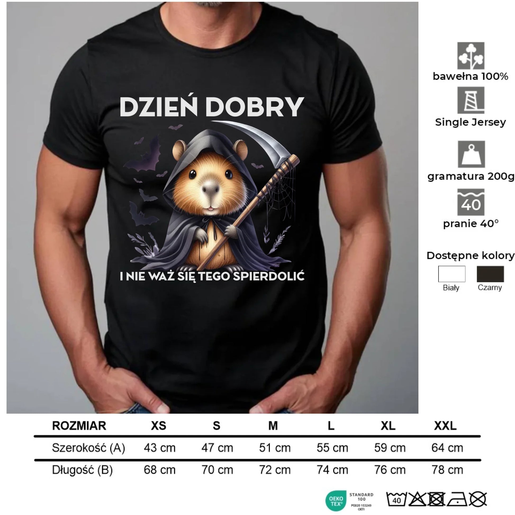 Koszulka męska halloweenowa - Kapibara Żniwiarz - Dzień dobry - bez cenzury HL20 - StoryCups.pl