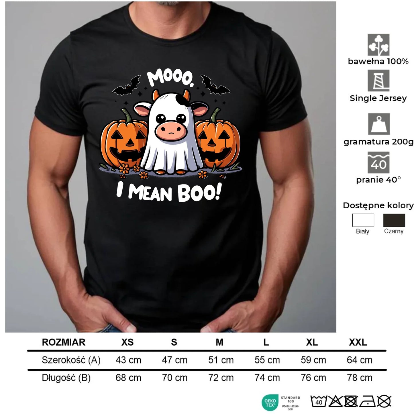 Koszulka męska na Halloween - Mooo I mean Boo! - z dynią i duchem HL14 - StoryCups.pl