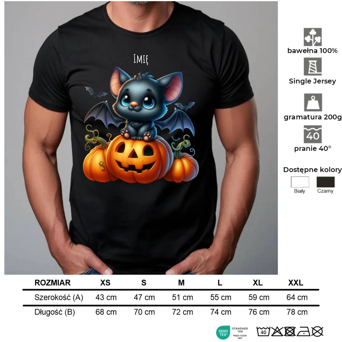 Koszulka męska halloweenowa - Słodki nietoperz z dynią - personalizowana HL09 - StoryCups.pl