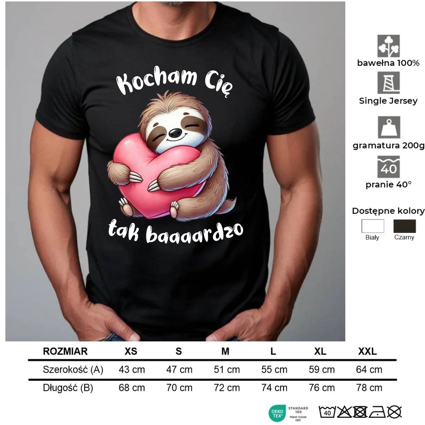 Koszulka męska - Leniwiec Kocham Cię tak baaaardzo W16 - StoryCups.pl