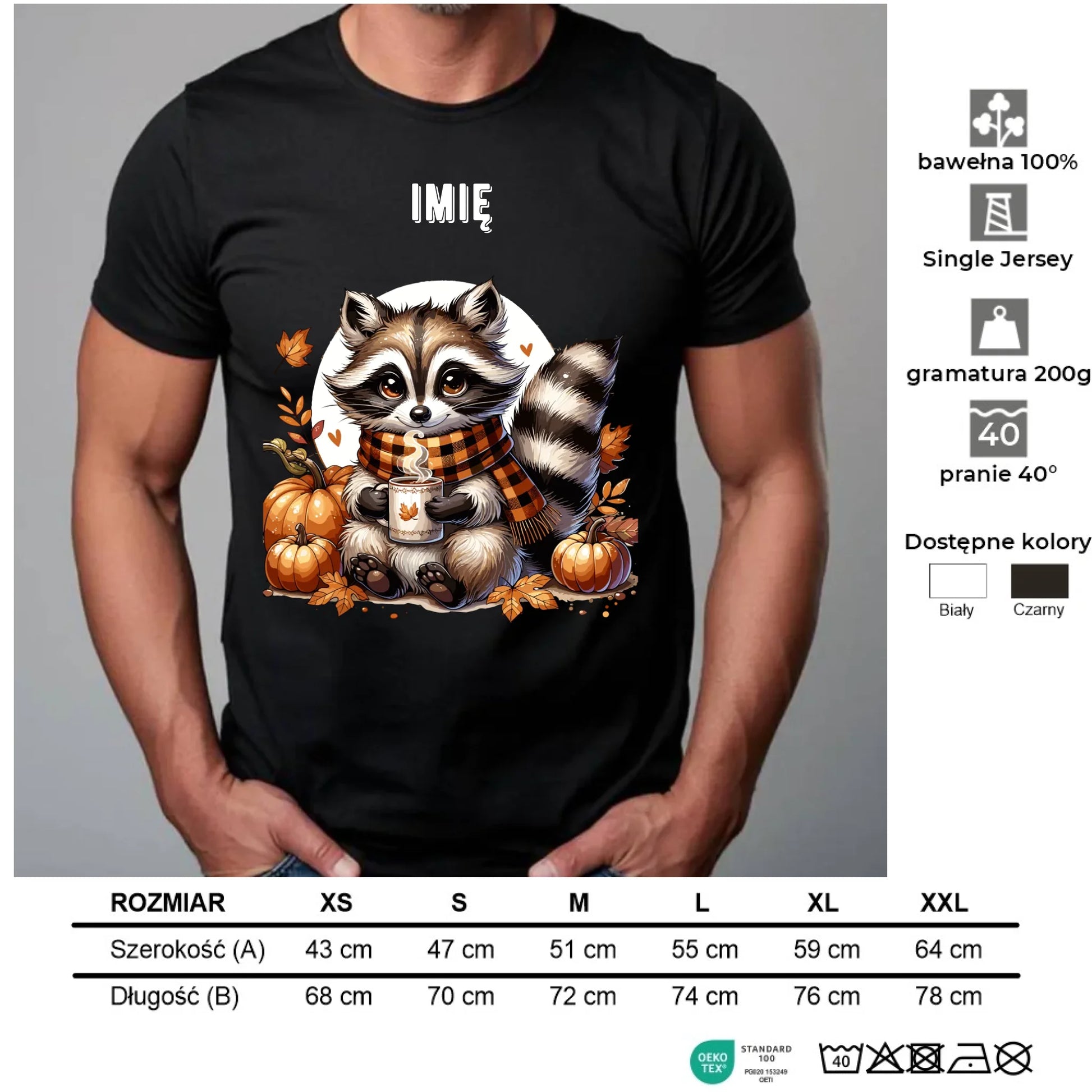 Koszulka męska jesienna – Szop z kawą i dyniami - personalizowana JS16 - StoryCups.pl