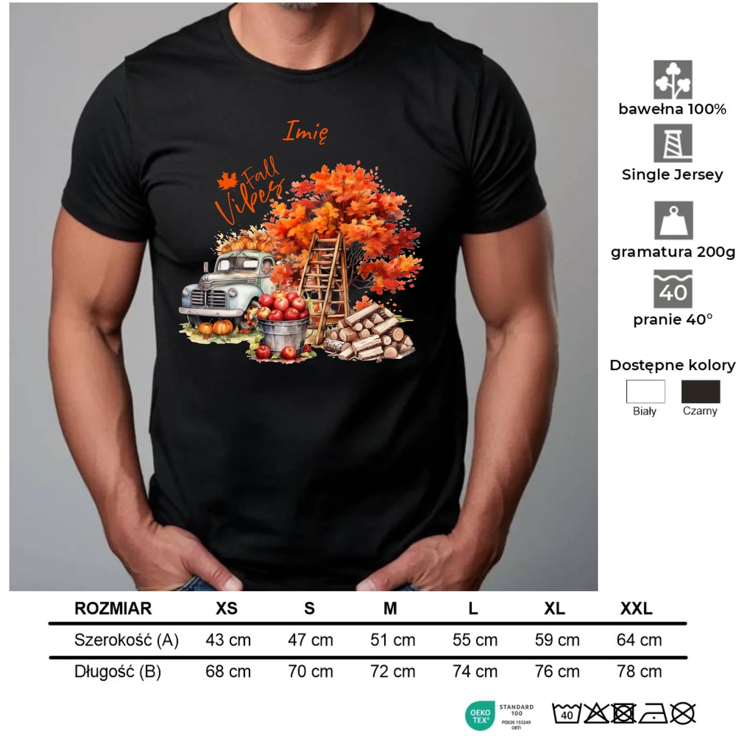 Koszulka męska jesienna – Vintage auto dynie i jabłka – personalizowana JS07 - StoryCups.pl