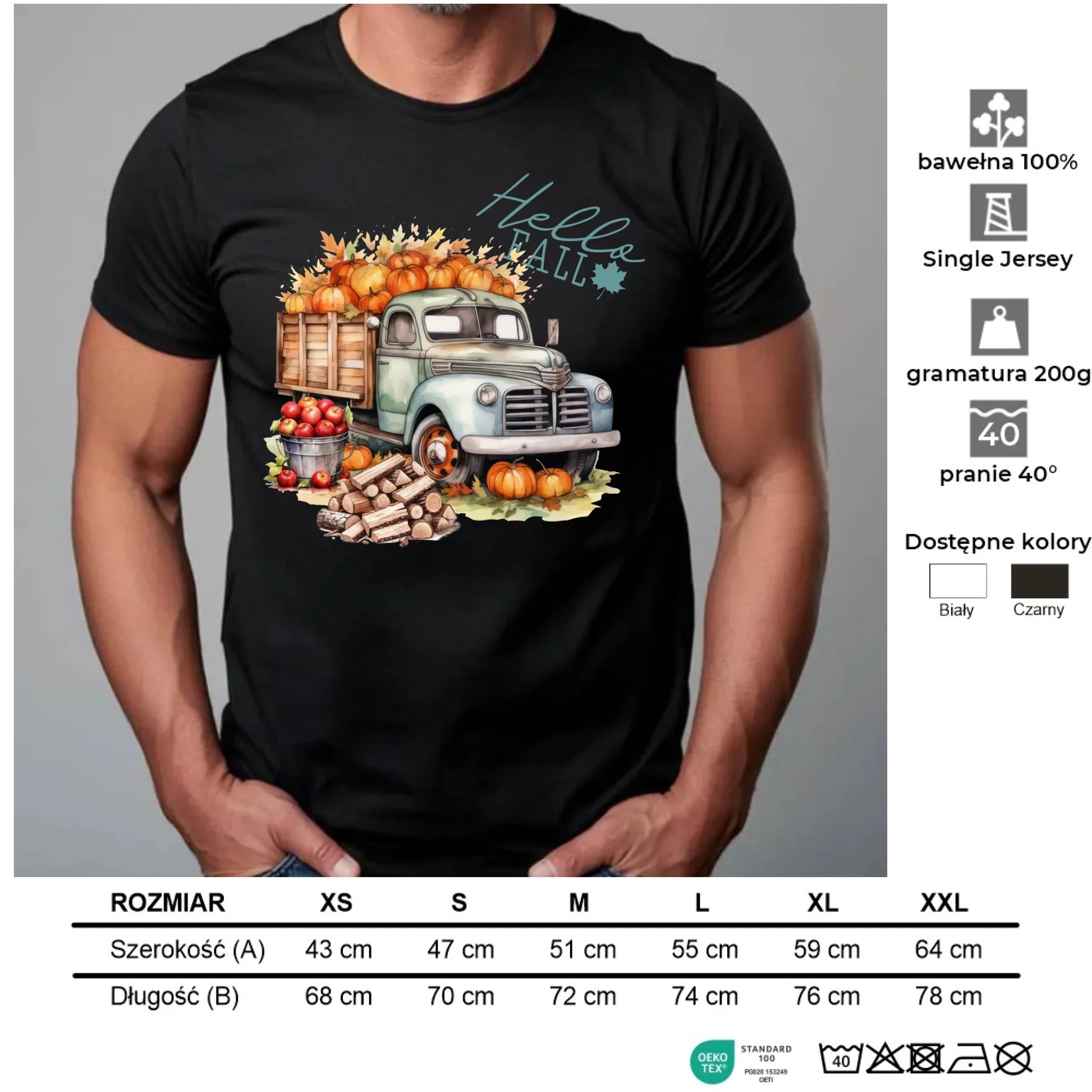Koszulka męska jesienna – Hello Fall ciężarówka z dyniami JS08 - StoryCups.pl