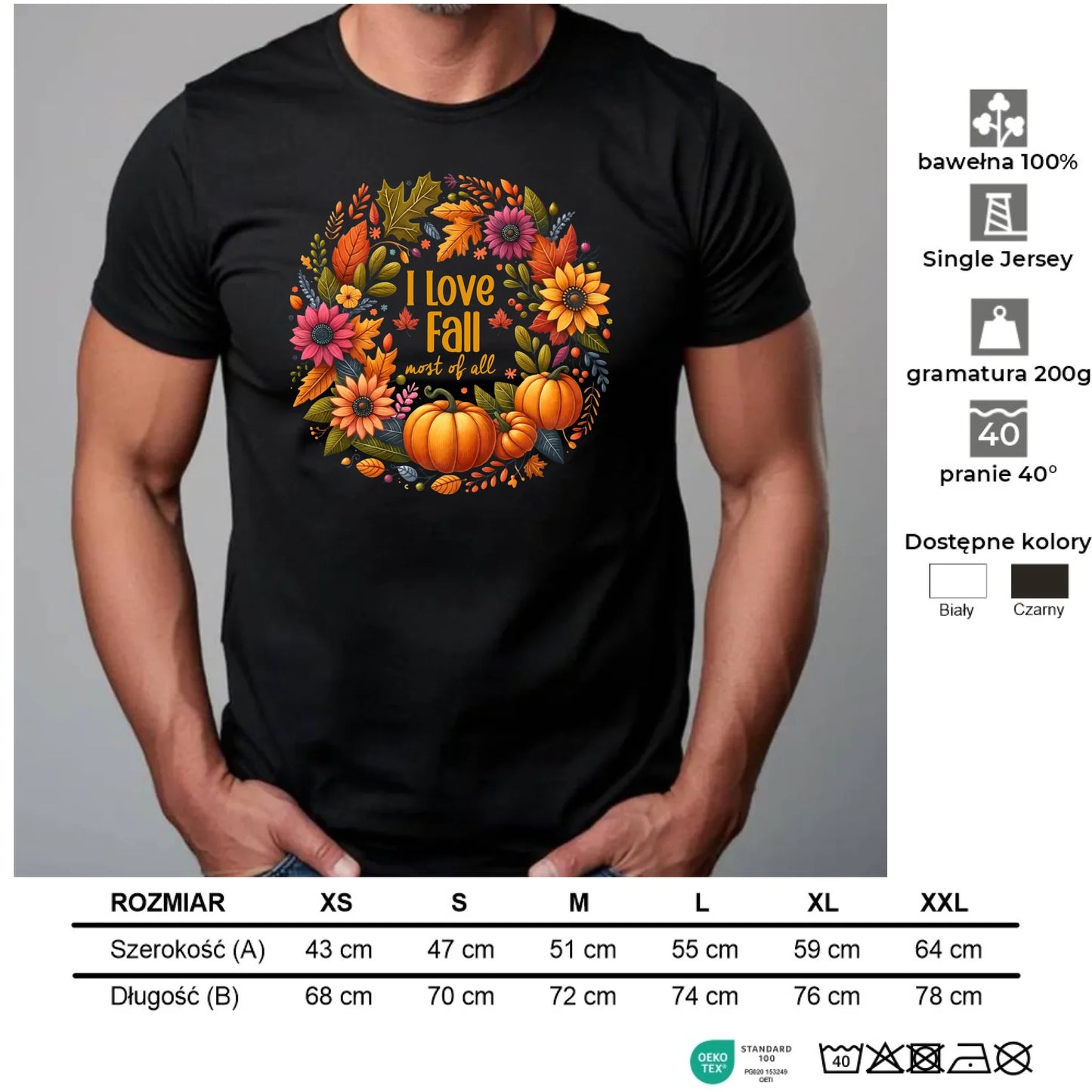 Koszulka męska jesienna - Kocham jesień - dynia z liśćmi JS03 - StoryCups.pl