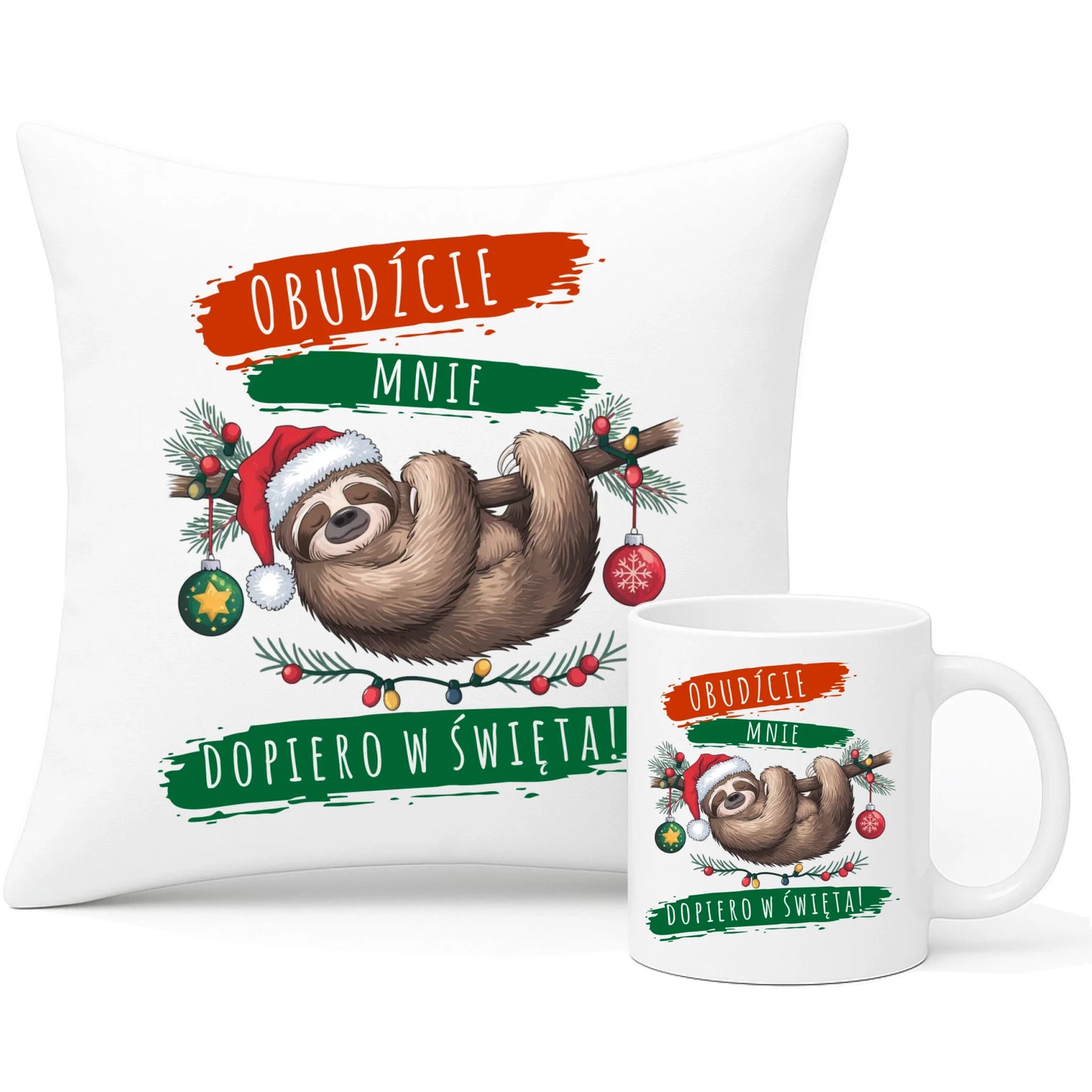 Zestaw poduszka i kubek świąteczny - Leniwiec - Obudźcie mnie dopiero w święta BN02 - StoryCups.pl