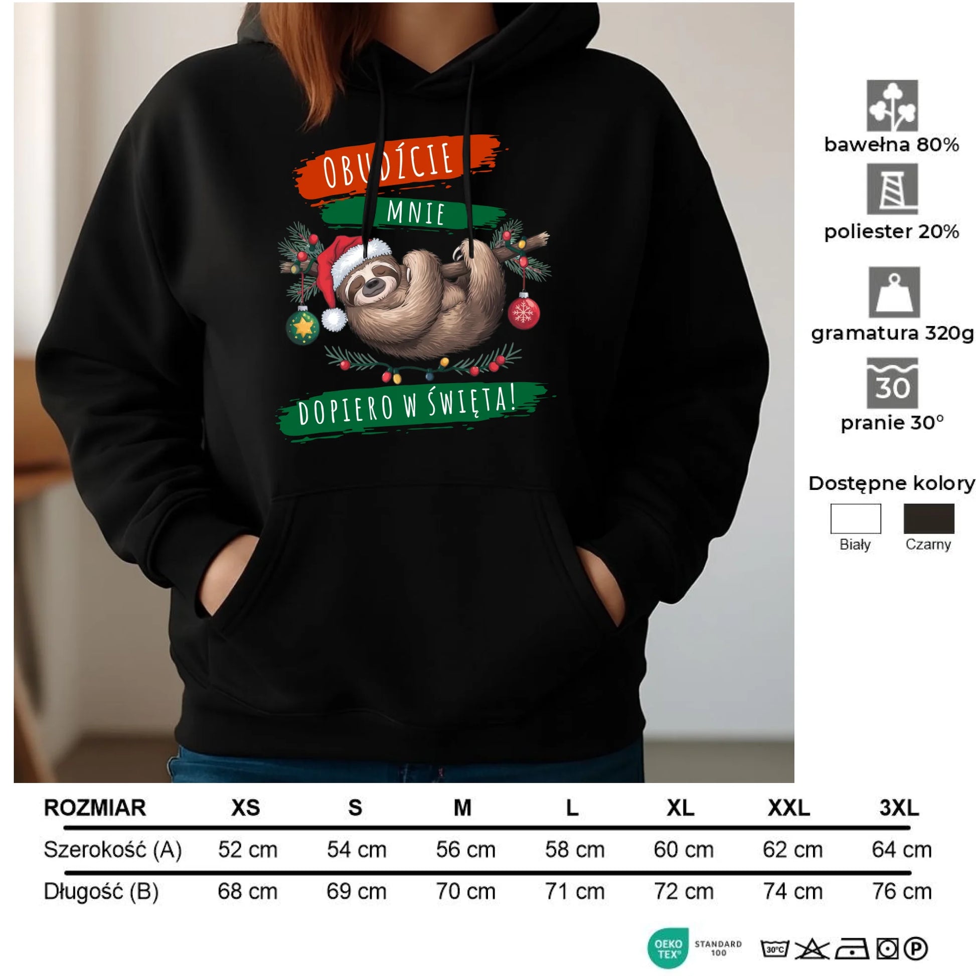 Bluza damska z kapturem świąteczna - Leniwiec - Obudźcie mnie dopiero w święta BN02 - StoryCups.pl