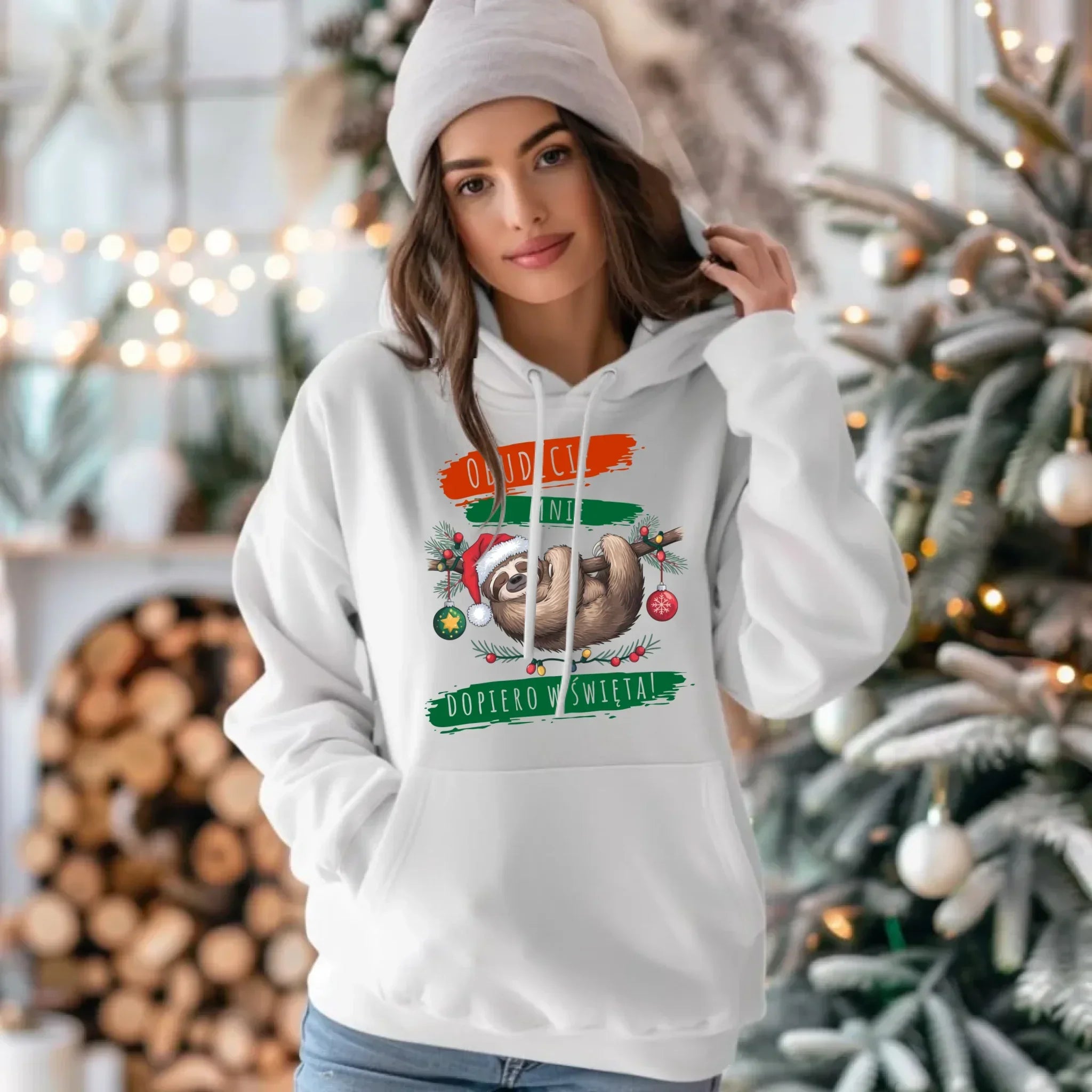Bluza damska z kapturem świąteczna - Leniwiec - Obudźcie mnie dopiero w święta BN02 - StoryCups.pl