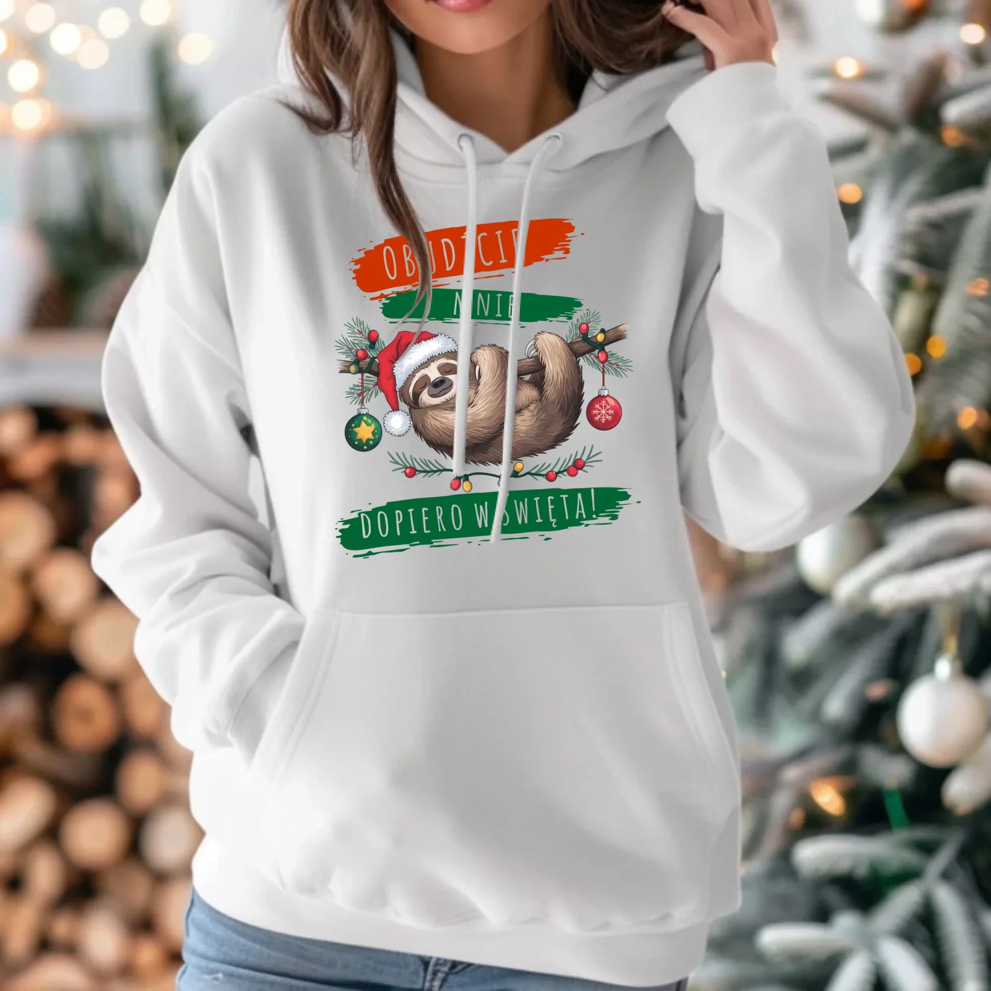 Bluza damska z kapturem świąteczna - Leniwiec - Obudźcie mnie dopiero w święta BN02 - StoryCups.pl