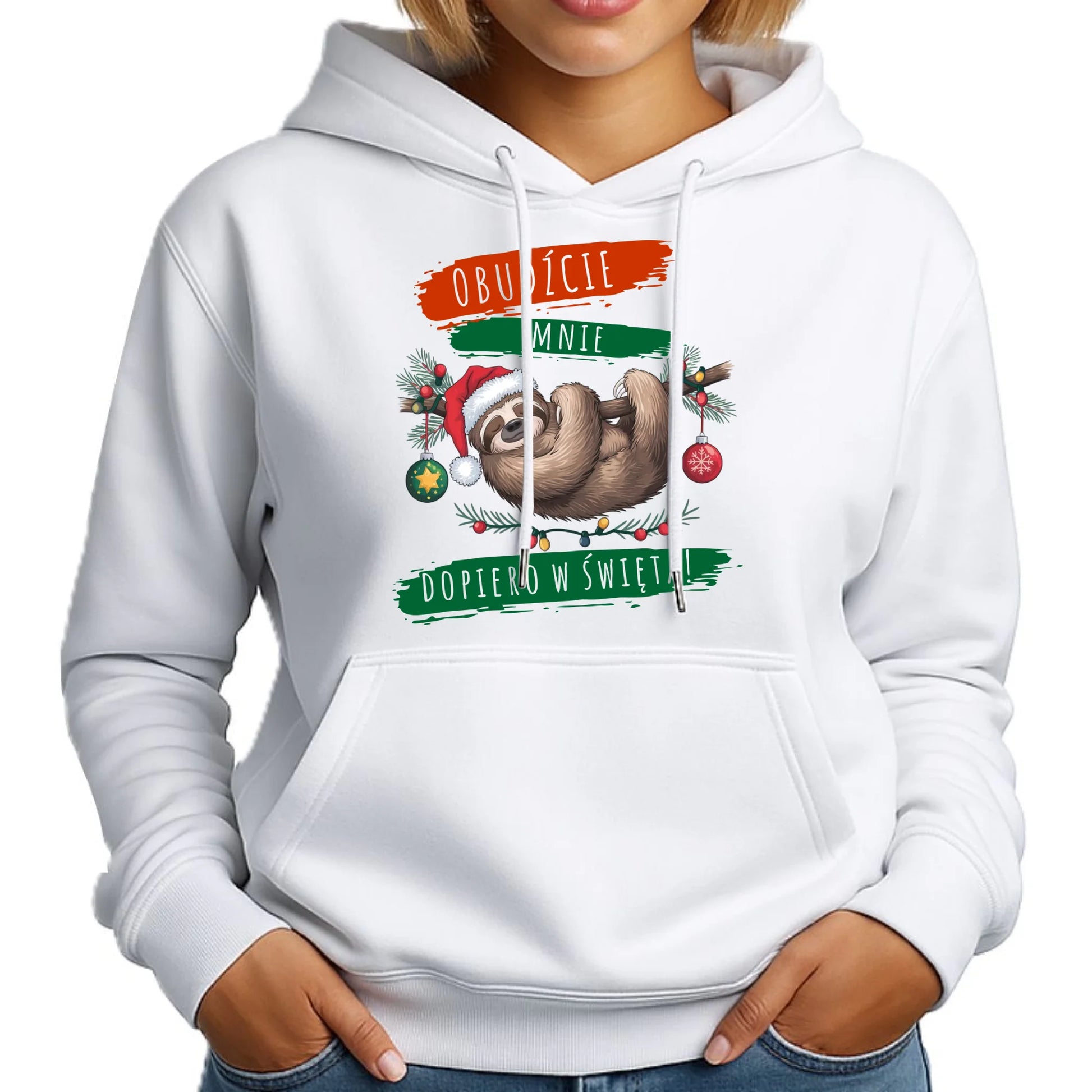 Bluza damska z kapturem świąteczna - Leniwiec - Obudźcie mnie dopiero w święta BN02 - StoryCups.pl
