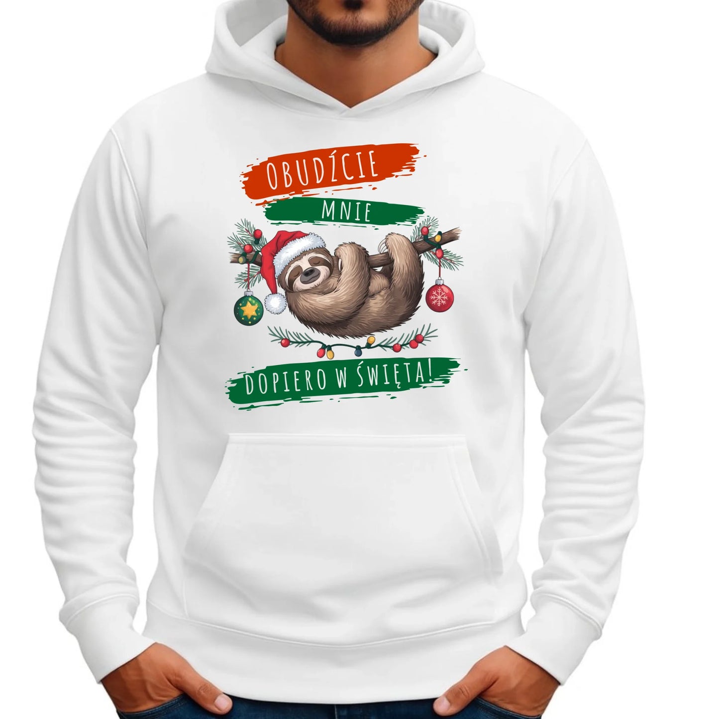 Bluza męska z kapturem świąteczna - Leniwiec - Obudźcie mnie dopiero w święta BN02 - StoryCups.pl