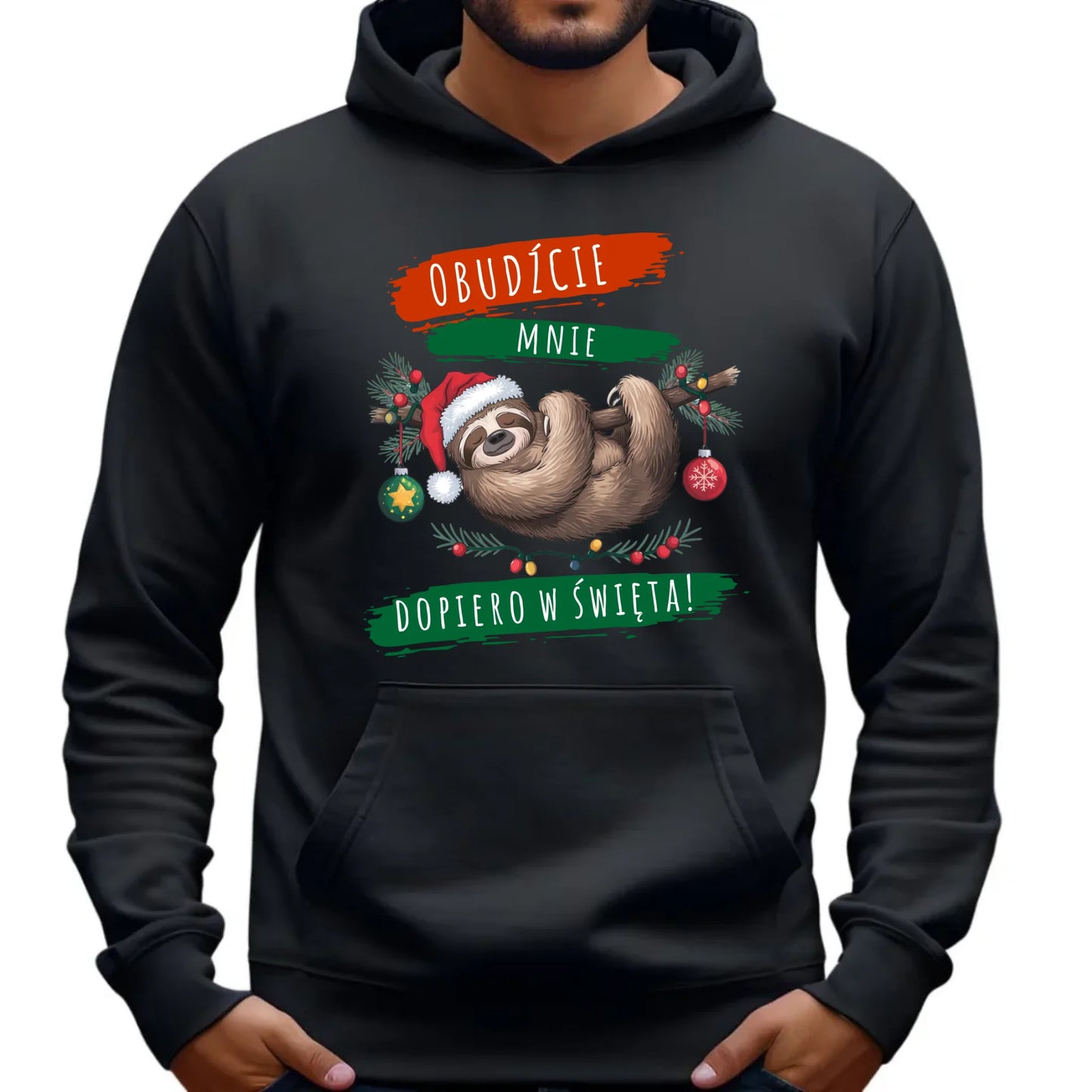 Bluza męska z kapturem świąteczna - Leniwiec - Obudźcie mnie dopiero w święta BN02 - StoryCups.pl
