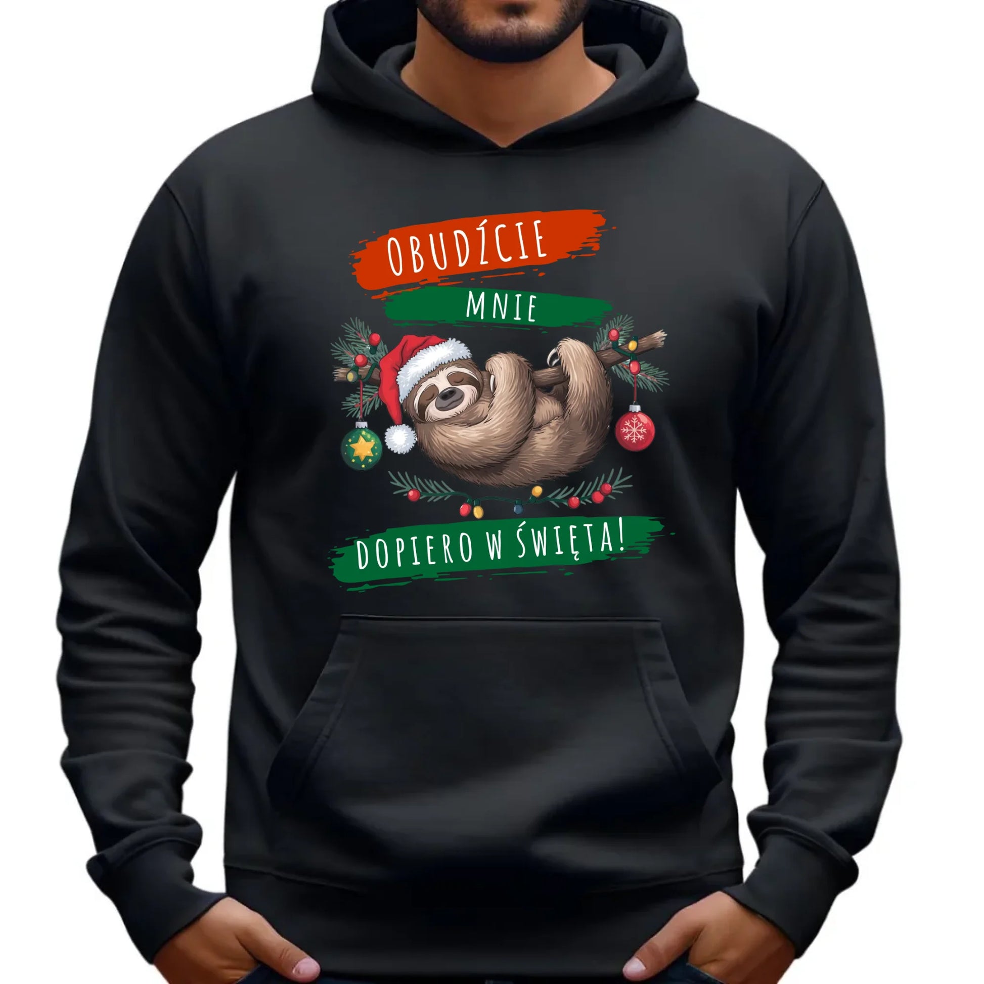 Bluza męska z kapturem świąteczna - Leniwiec - Obudźcie mnie dopiero w święta BN02 - StoryCups.pl