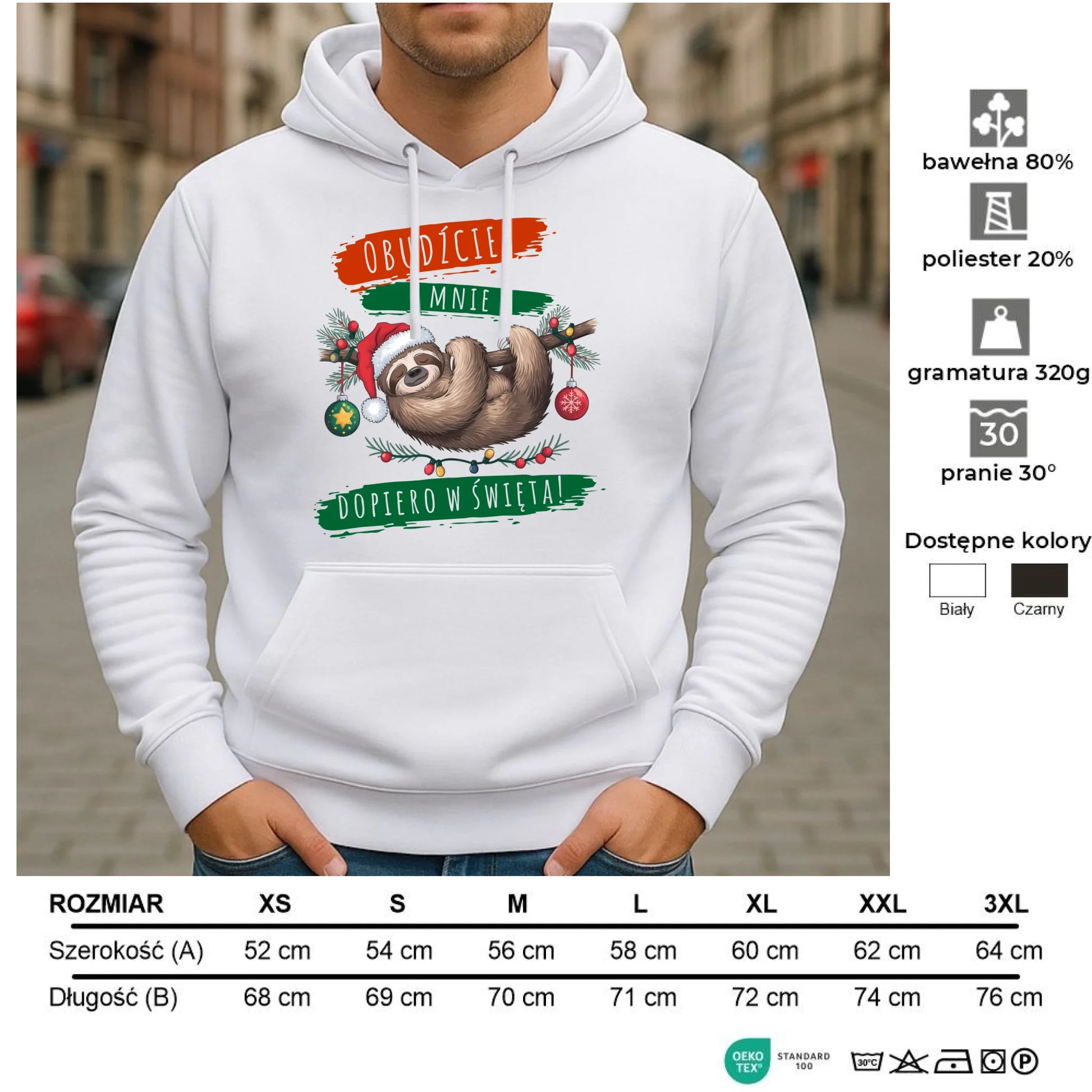 Bluza męska z kapturem świąteczna - Leniwiec - Obudźcie mnie dopiero w święta BN02 - StoryCups.pl