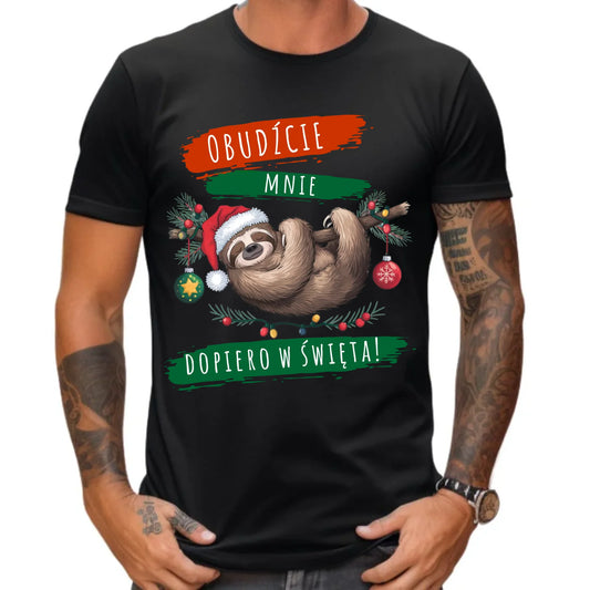 Koszulka męska świąteczna - Leniwiec - Obudźcie mnie dopiero w święta BN02 - StoryCups.pl