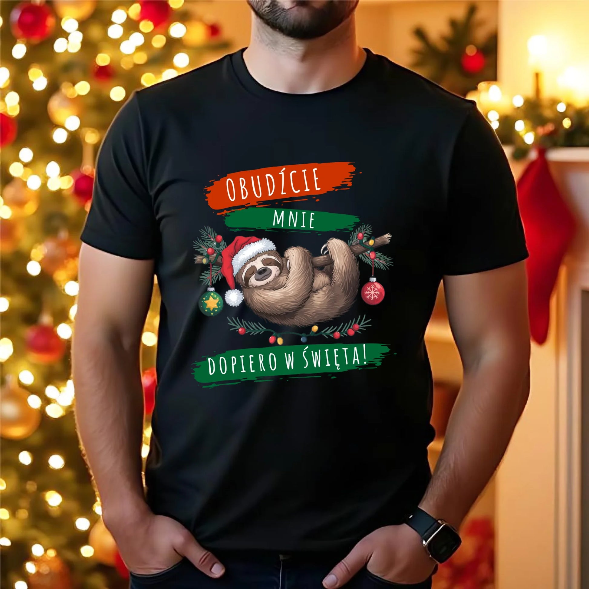 Koszulka męska świąteczna - Leniwiec - Obudźcie mnie dopiero w święta BN02 - StoryCups.pl