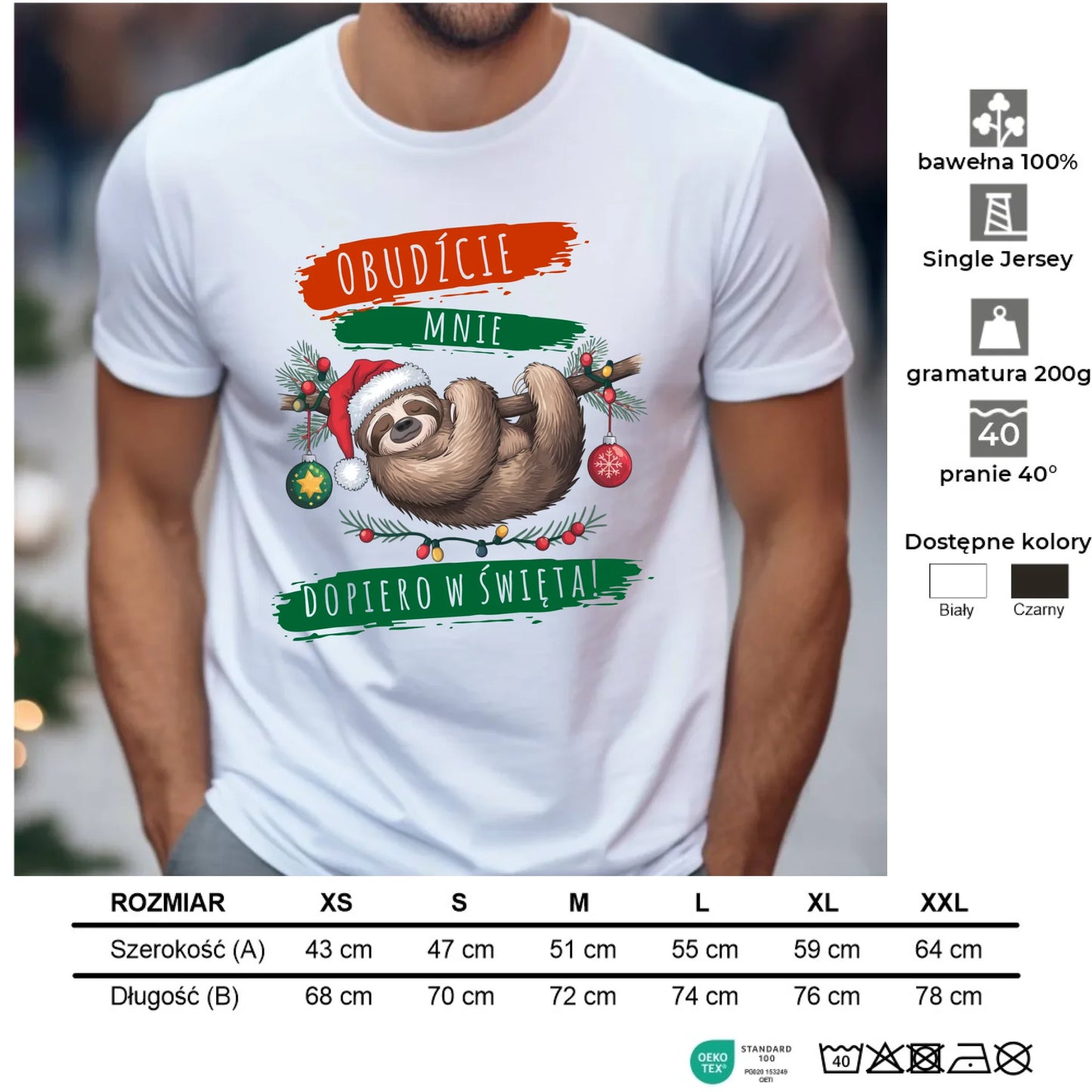 Koszulka męska świąteczna - Leniwiec - Obudźcie mnie dopiero w święta BN02 - StoryCups.pl