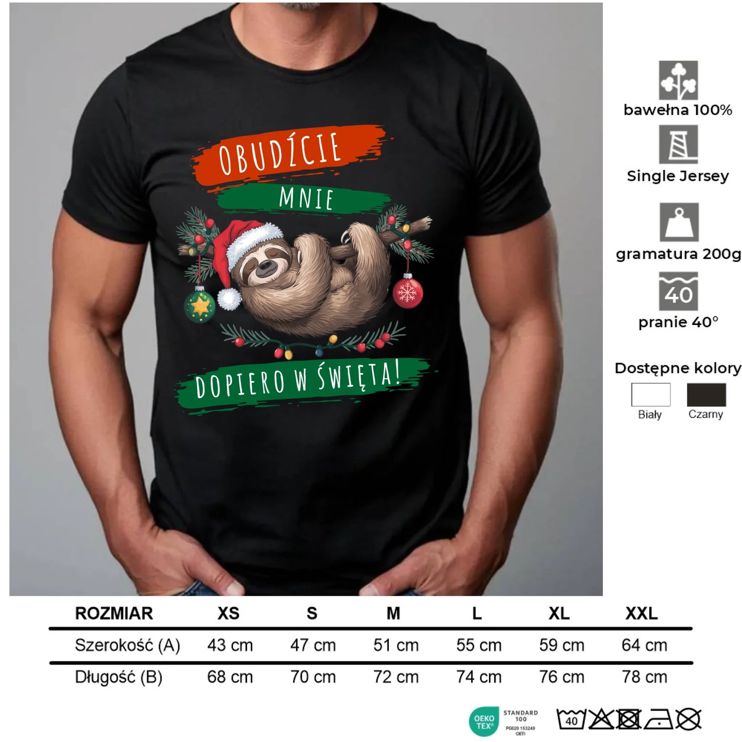 Koszulka męska świąteczna - Leniwiec - Obudźcie mnie dopiero w święta BN02 - StoryCups.pl