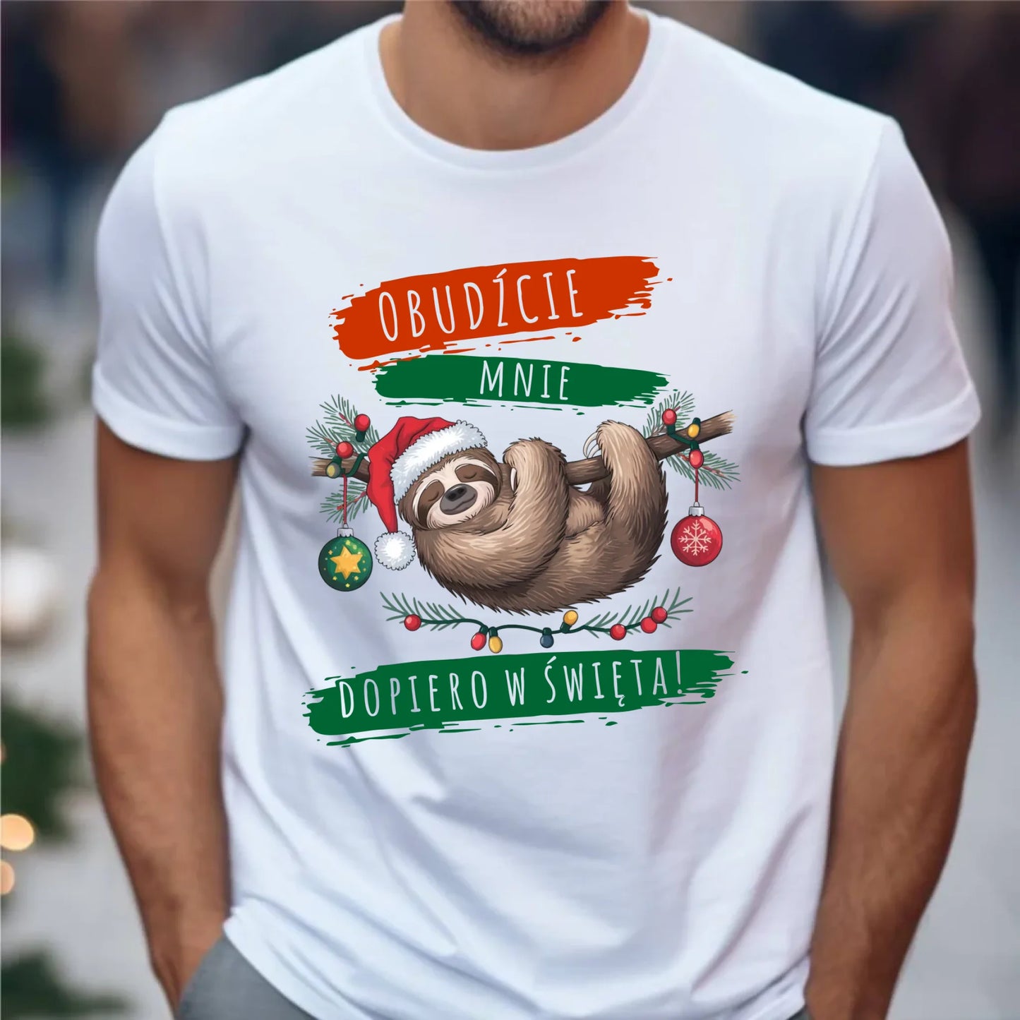 Koszulka męska świąteczna - Leniwiec - Obudźcie mnie dopiero w święta BN02 - StoryCups.pl